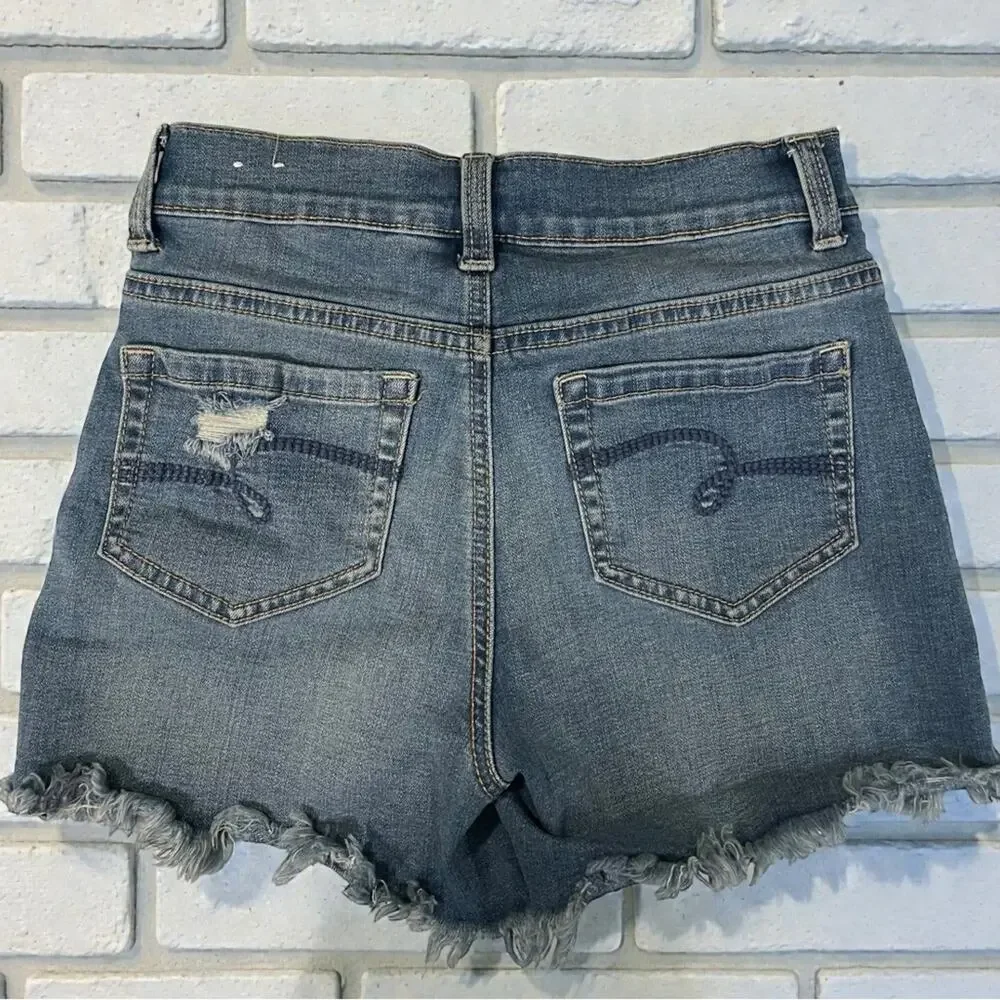 Justice Girls Distressed Denim Shorts High Rise Button Fly Raw Hem Size 12